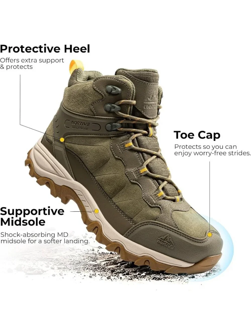 Men's Olive Waterproof Shoes Casual Mid Top Round Toe Non Slip Hiking Boots